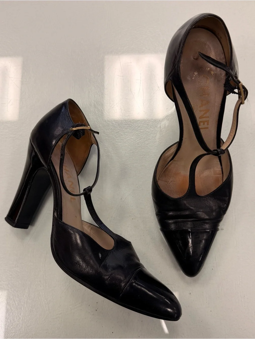 CHANEL Black Leather T-Strap Pointed Toe Heels